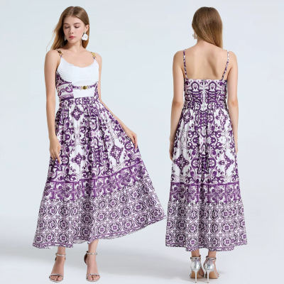 Fashionable and good-looking star-style halter sexy blue and white porcelain catwalk dress long dress, French and British style exquisite long dress