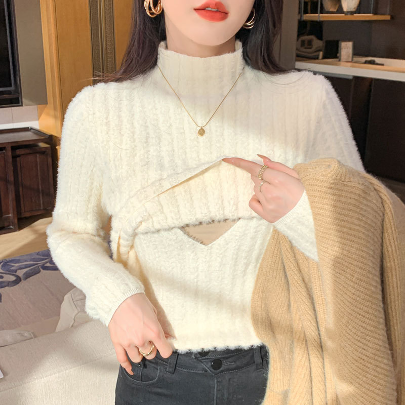 Nursing Top for Winter, Fleece-Lined and Thickened, Postpartum Warm Sweater, Stylish Mom Style for Going Out, Inner Wear for Breastfeeding