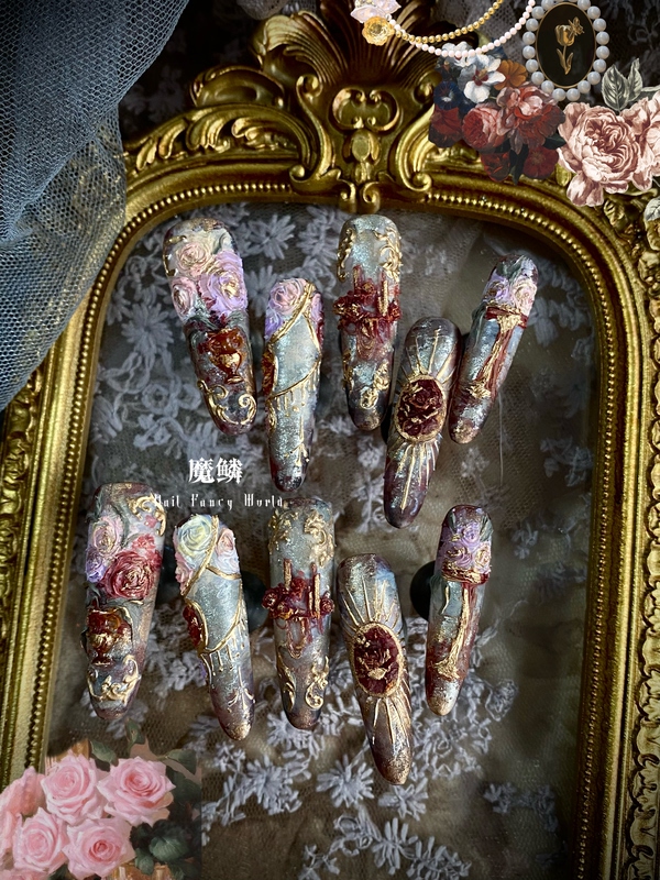 Moli Original Design Wearable Nails [Sleeping Rose] Retro Oil Painting Style Gradient Texture Hand-Painted Wearable Nails