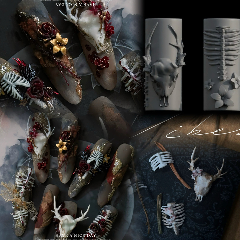 【Nail Art Mold】Tian Ye Original Nail Art Mold with the Theme of Skeletons and Flowers, Dark Style Nail Art Mold with Deer Skulls