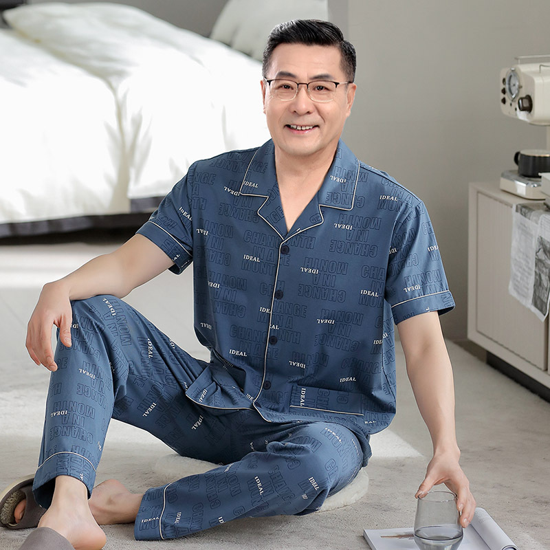 Middle-Aged and Elderly Men's Pajamas, Pure Cotton Short-Sleeved Long Pants, Spring and Summer Middle-Aged Home Clothes, Summer Thin Set
