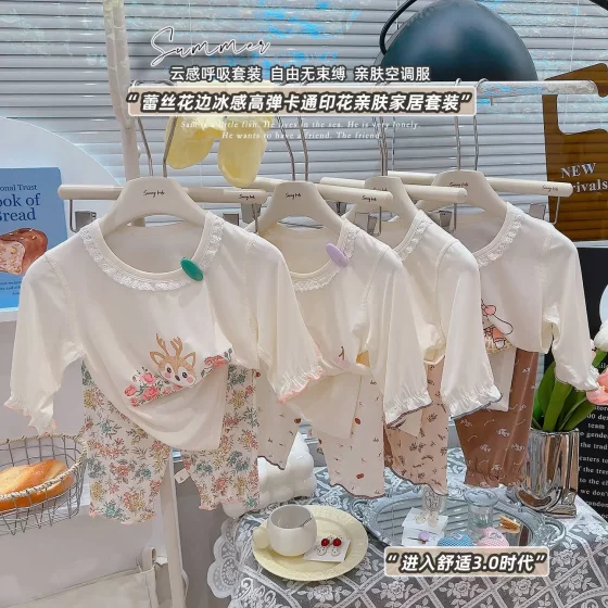 夏季50支优可丝七分袖套装男女童家居服宝宝睡衣A类薄款空调服