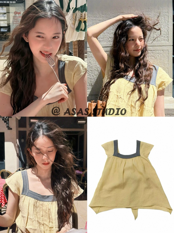 【Comparable to Ocl*】Nana Ouyang Nana's Same Style Linen Patchwork Tie-Up Flutter Sleeve Top Square Neck Yellow T-Shirt