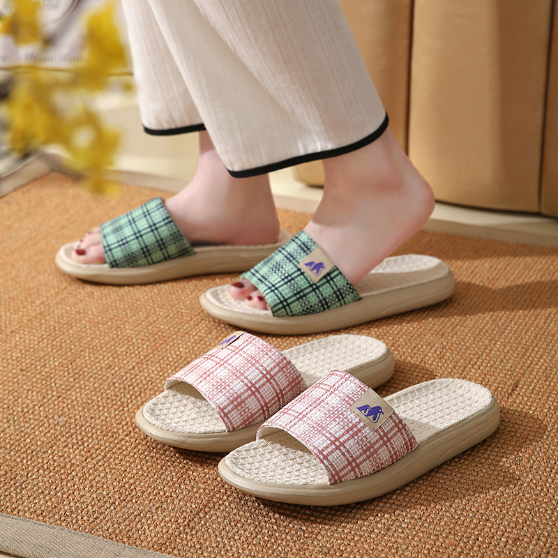 Japanese-Style Plaid Linen Slippers for Men and Women, Suitable for All Seasons, Non-Slip, Home Indoor Slip-Ons, Wear-Resistant, Thick-Soled Sandals
