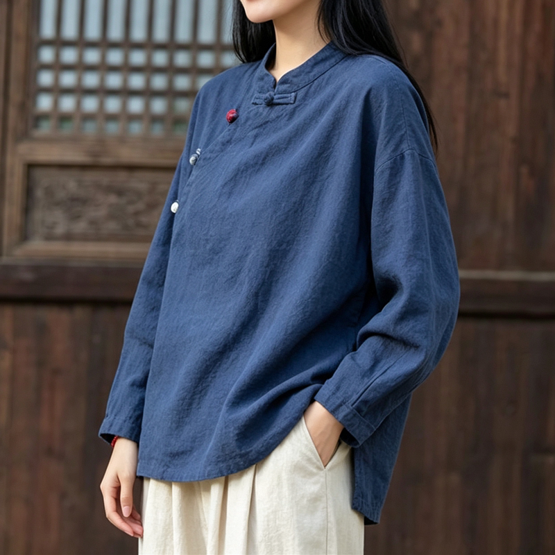 Cotton and Linen Tops 2026 New Style, Artistic Retro Chinese Style Tea Clothing for Women, High-End Ramie Button-Up Long-Sleeve T-Shirt for Spring and Autumn