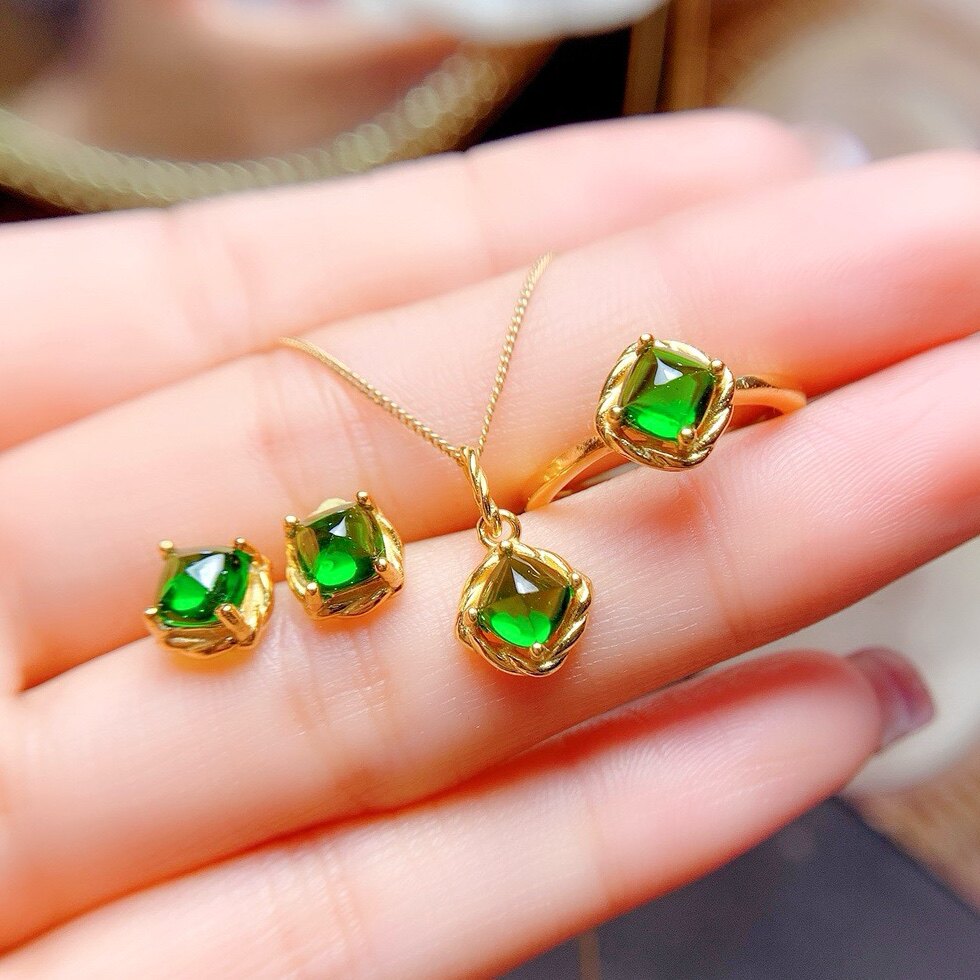 Natural sugar tower diopside set, main stone pillow 5*5mm candy color diopside ring, earrings, pendant