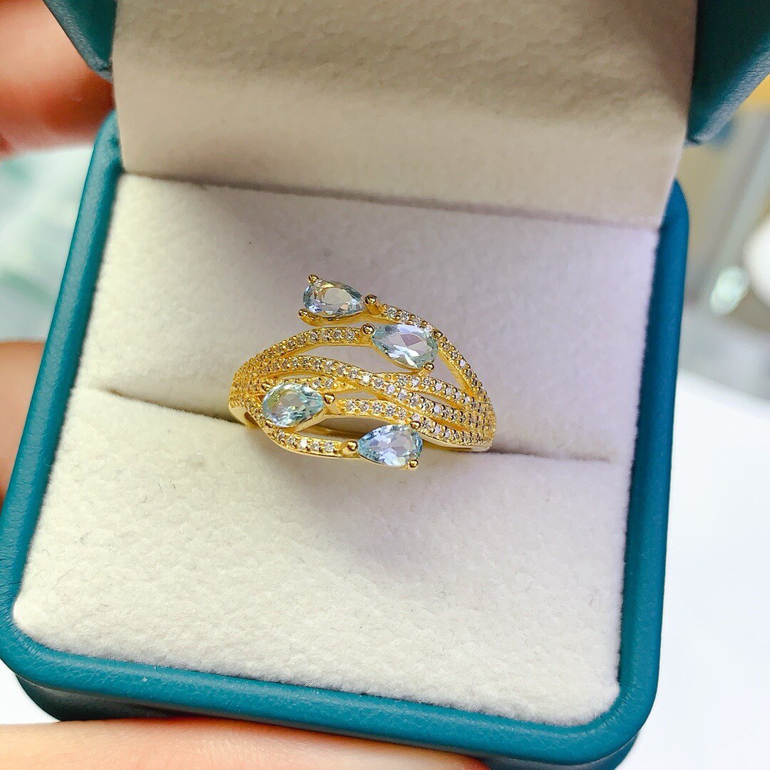 Natural aquamarine ring, fine crystal, clean, light blue, main stone 3*5mm, 925 silver plated with gold