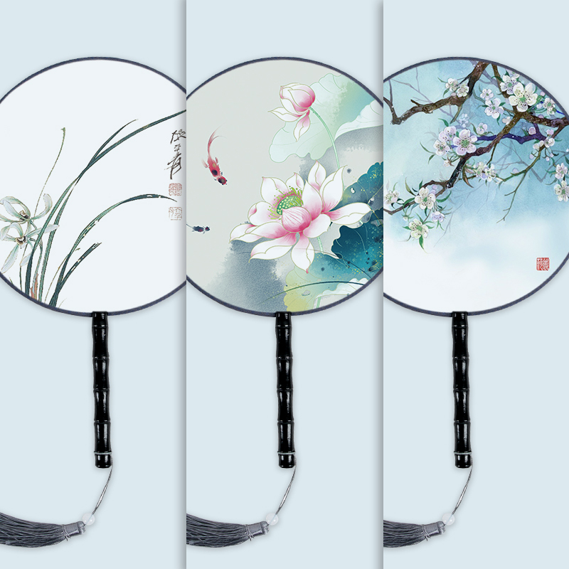 Chinese style palace fan female wooden handle Hanfu fan performance ancient wind round fan dance fan classical translucent Chinese fan