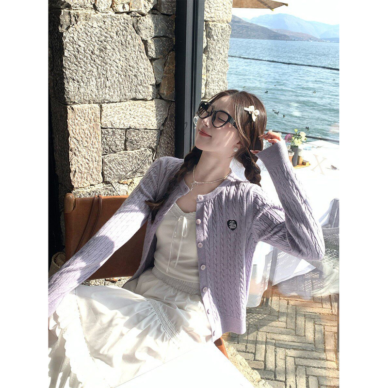 Tianmi Zhou Purple Knitted Cardigan Jacket for Women 2026 New Autumn Outfit Unique Beautiful High-End Top