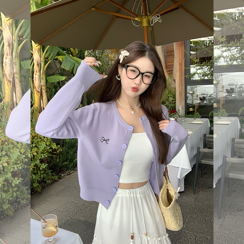 Sweet Rice Zhou Purple Cardigan Jacket for Women, High-End Knitted Sweater, 2026 New Autumn Outfit, Short Top