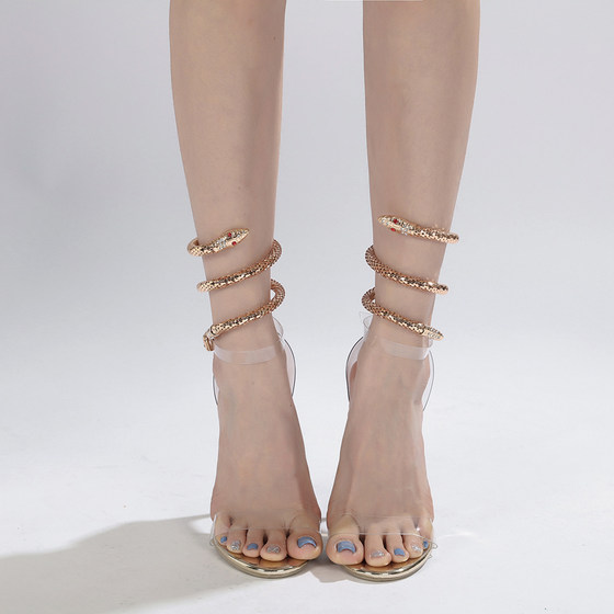 罗马外贸性感金属蛇形环绕细跟透明凉鞋一字高跟鞋 Women Sandals