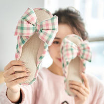 Linen slippers women Summer indoor home shoes non-slip couples wooden floor home thick bottom bow cotton linen cold tray