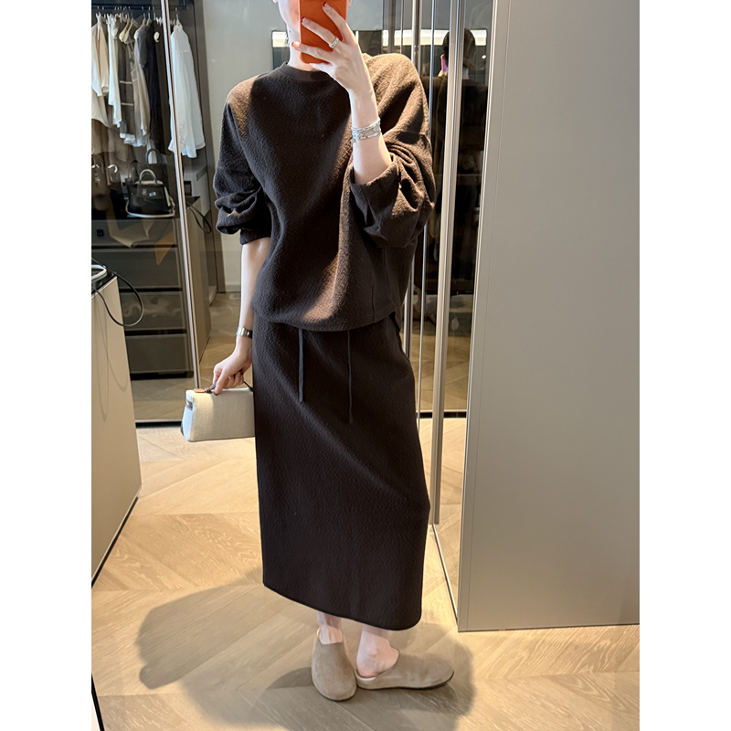 【Si Ji】Fancy Combed Cotton Yarn Textured Terry Cut-And-Sew Sweatshirt/Elastic Skirt Set-003 【Si Ji】Fancy Combed Cotton Yarn Textured Terry Cut-And-Sew Sweatshirt/Elastic Skirt Set-003