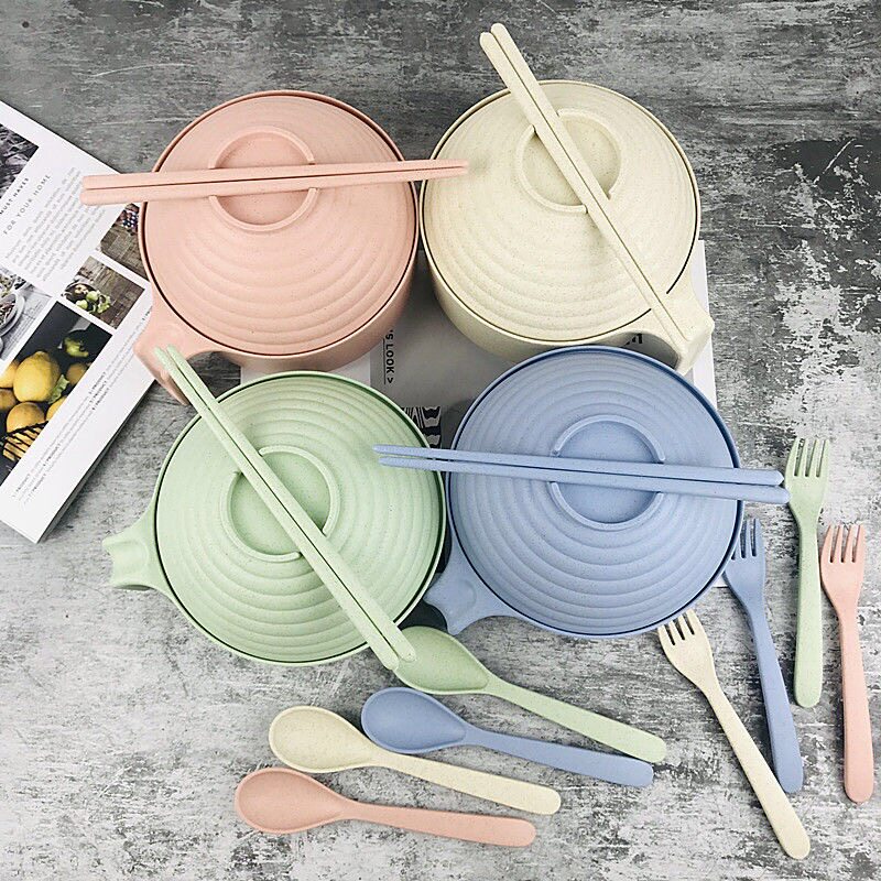 Wheat straw tableware anti-wrestling dishes kit students lunchbox dormitory with cover large bowl Japanese bubble mask