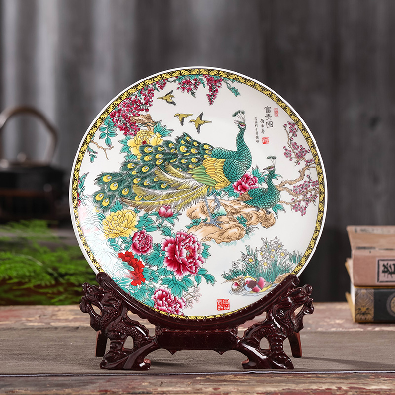 Jingdezhen chinaware decorative sit hang dish plate blooming flowers home sitting room adornment desktop furnishing articles