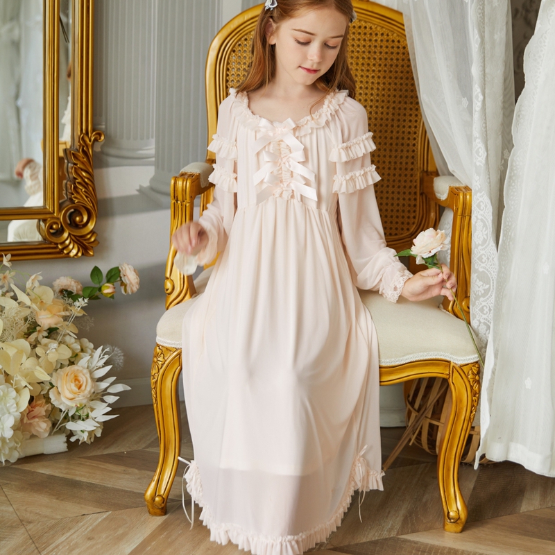 Girls' Princess Nightgown Spring and Summer Long-Sleeved Fairy Lace Palace Style Heavy-Duty Home Wear for Older Children and Girls' Pajamas