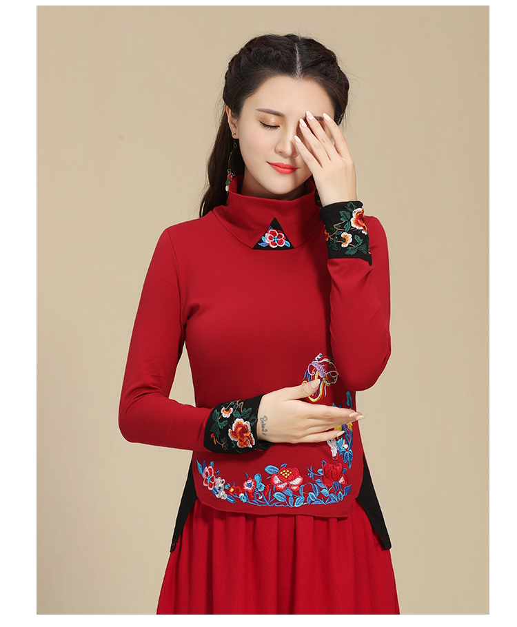 Phong cách Trung Quốc mùa xuân và mùa thu của phụ nữ cao cổ áo dài tay áo thêu quốc gia khâu khâu kích thước lớn áo sơ mi cotton - Áo phông áo phông rộng nữ