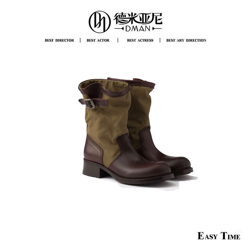 [Migongzi] Vintage Canvas and Leather Patchwork Western Cowboy Boots, Intangible Cultural Heritage of Omi Water-Dyeing Technique Gz399