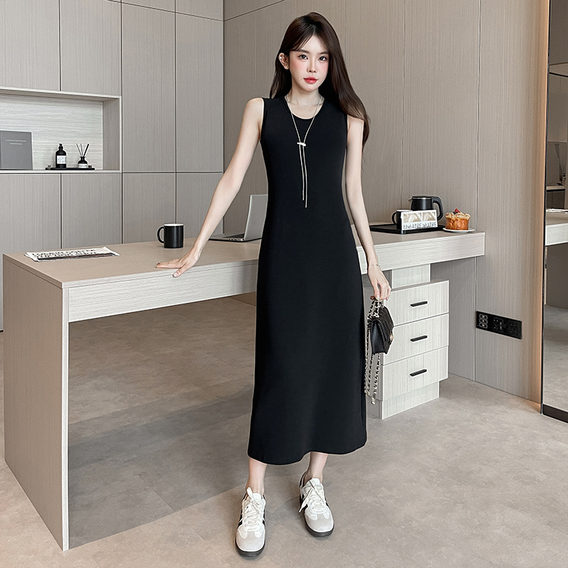 Loose Sleeveless Vest Dress for Women, Summer High-End Slimming Straight Skirt with Drape, Inner Layering Long Skirt, Black