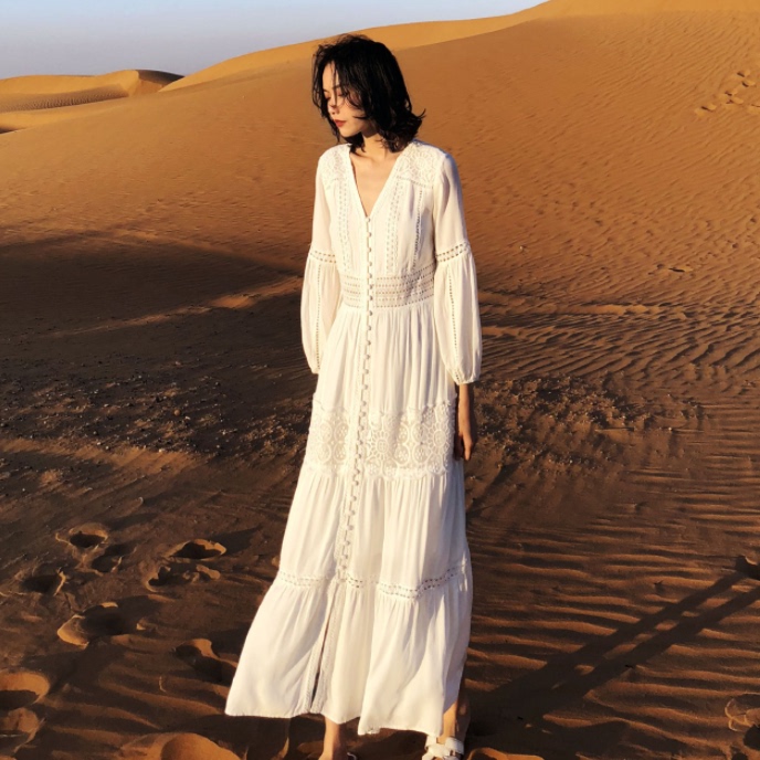 European Style Spring and Summer Seaside Vacation Beach Dress V-Neck Button-Up Slimming White Hollow-Out Dress Desert Long Dress Fairy-Like