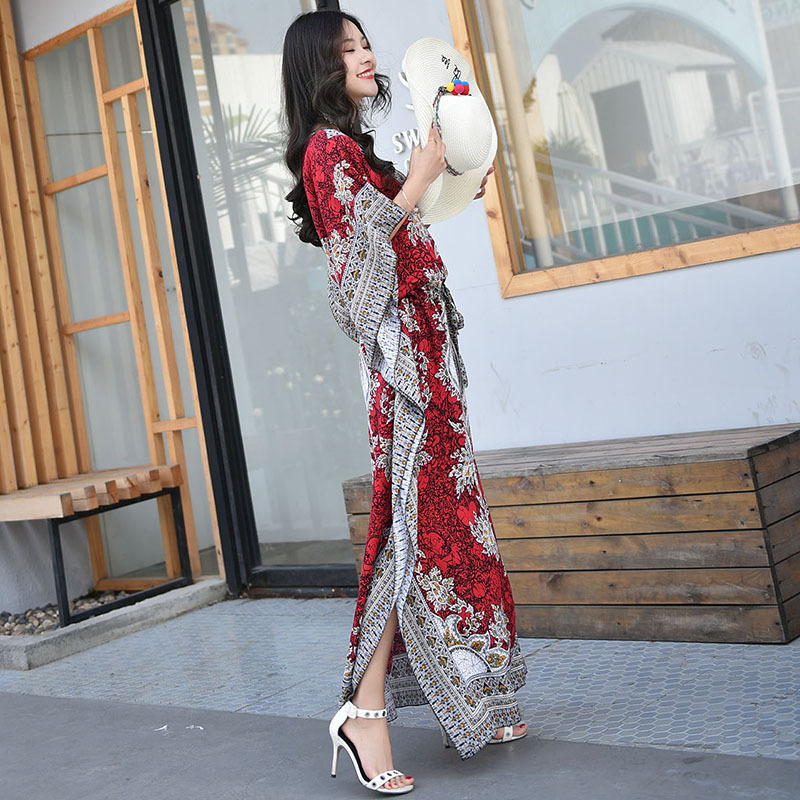 2026 Spring/Summer New Ethnic Style Batwing Sleeve Slit Ruffle Dress Seaside Vacation Beach Long Dress Fairy
