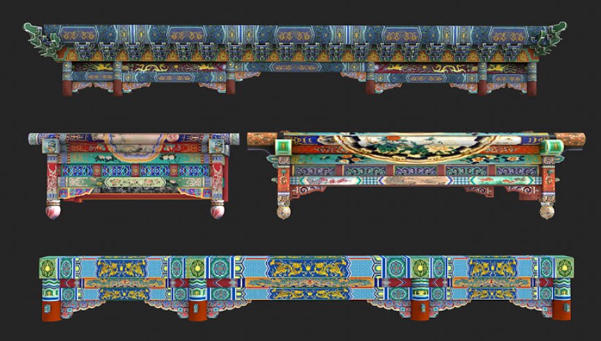 新中式雕花彩漆工艺木梁结构斗拱古建古风彩绘SU模型C4D素材FBX