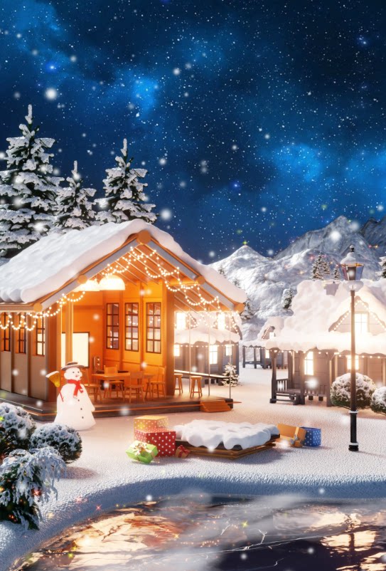 C4D冬季商店小屋雪人雪山湖面冬天室外OC渲染3D立体场景