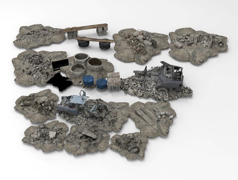 C4D FBX STL OBJ SU卡通游戏废墟乱石堆废弃汽车三维低面模型-cg男孩