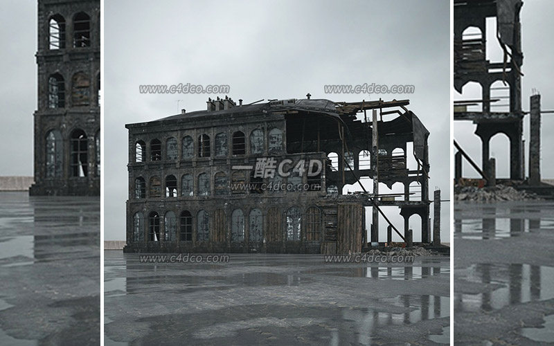 一酷C4D废弃楼房破旧房屋战损建筑废墟建筑模型-100