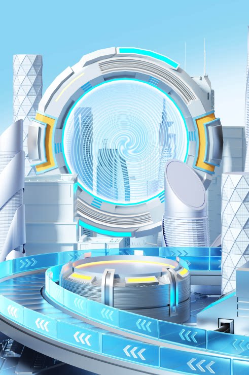 C4D双十一电商促销城市科技通道背景OC渲染3D立体场景