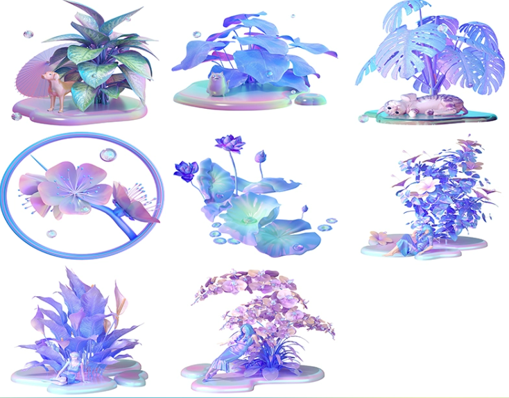 C4D奇异创意植物盆栽盆景荷花莲花人物摆件小猫三维模型-cg男孩