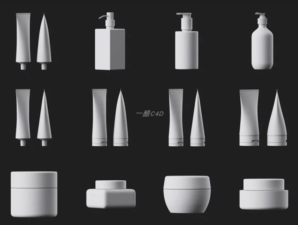 C4D化妆品泵瓶护肤瓶子罐子牙膏3D模型素材，白模无材质