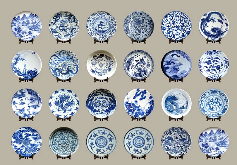 24款新中式青花盘子磁盘陶瓷器皿室内装饰艺品SU模型C4D素材FBX