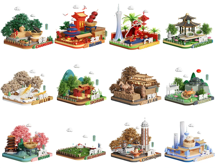 C4D卡通城市北京长沙四川武汉上海地标建筑微缩场景三维模型素材-cg男孩