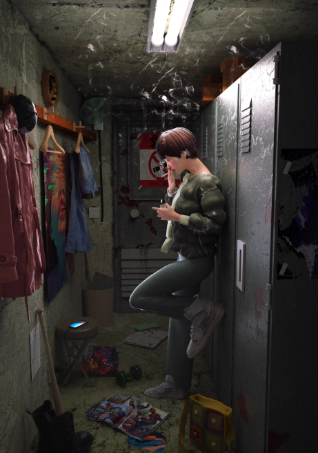 C4D杂乱更衣室抽烟冷酷女孩游戏场景3D模型OC渲染