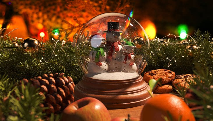 C4D圣诞节日户外草地水晶球苹果OC渲染3D建模场景