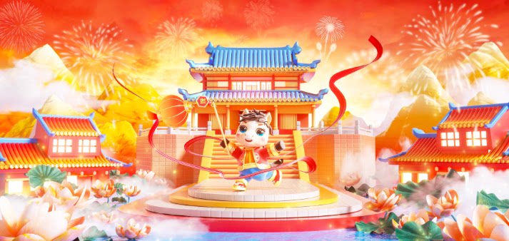 C4D马年2026春节元旦喜庆国风建筑OC渲染3D立体场景