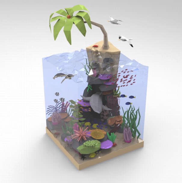 C4D低面卡通微缩场景FBX海底水底景观OBJ鱼群STL海草Blender素材