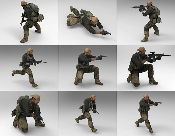 C4D游戏3D人物FBX作战士兵带骨骼STL三维模型OBJ素材Blender文件