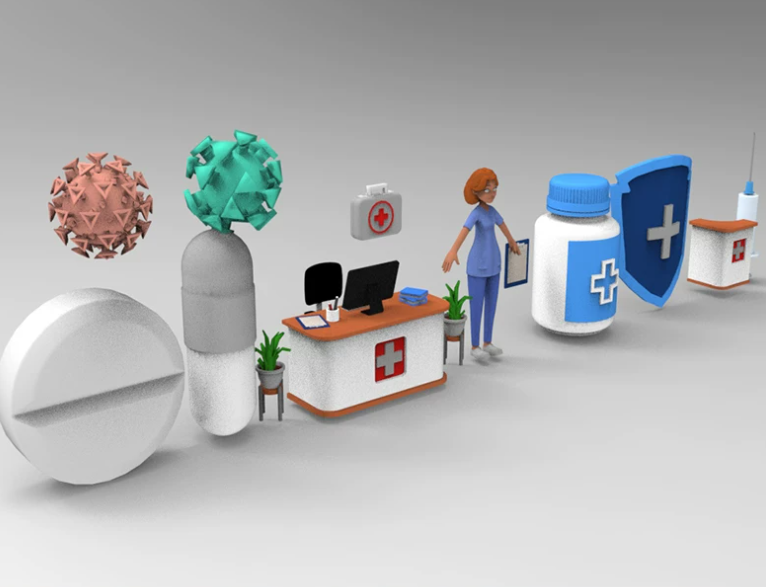 C4D FBX STL OBJ卡通病毒针筒胶囊药丸药瓶急救箱办公桌医生模型-cg男孩