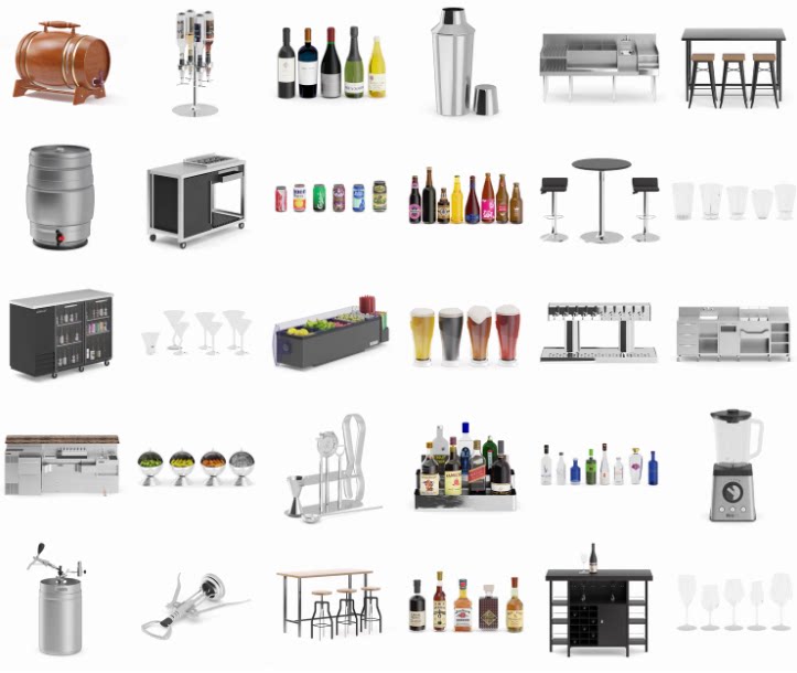 C4D高脚杯FBX啤酒瓶STL搅拌机OBJ吧椅冷藏展示柜红酒开瓶器3D模型