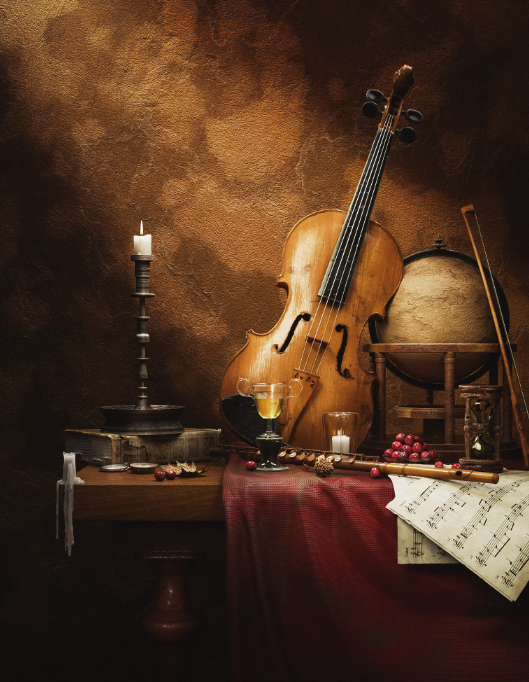 C4D写实古典场景大提琴笛子乐器3D模型OC渲染