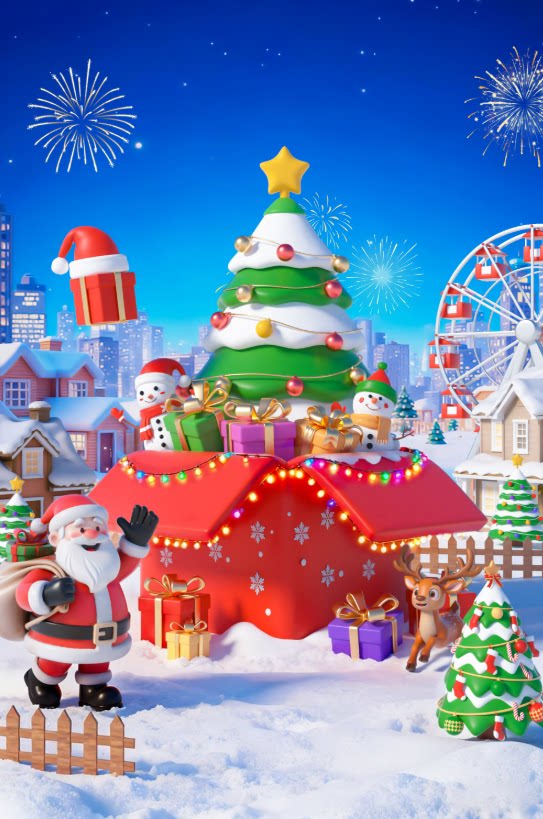 C4D卡通户外冬日雪地圣诞节气氛圣诞老人圣诞树OC渲染3D立体场景