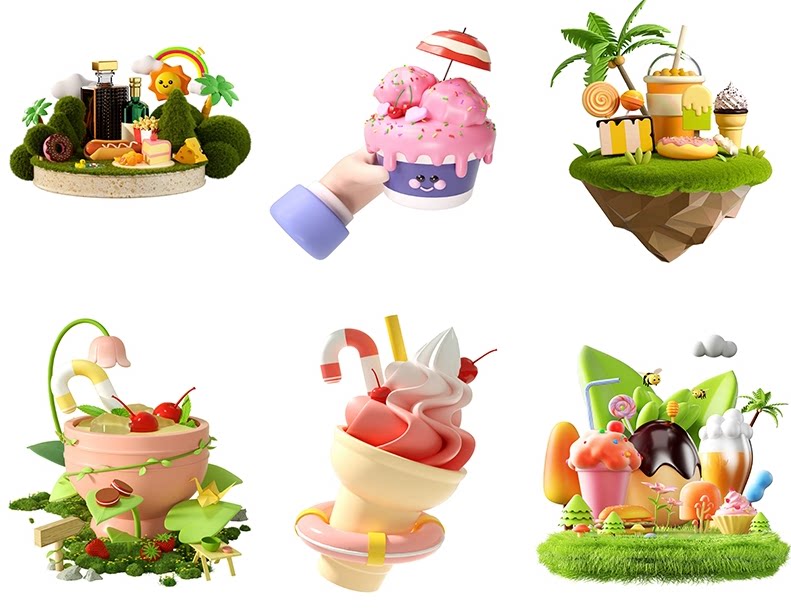 C4D卡通创意冰淇淋点心食品草莓甜甜圈蛋糕酒瓶热狗三维3D模型-cg男孩