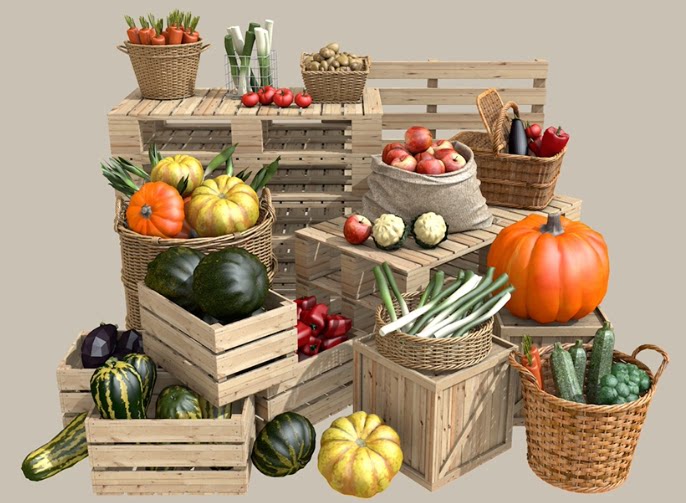 农产品堆头货架蔬菜水果篮筐子垫板木箱麻布袋SU模型C4D素材FBX