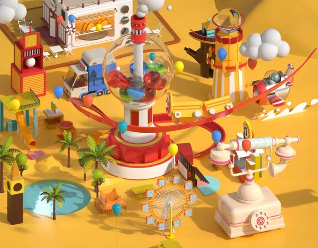 C4D卡通创意动画电商广告椰子树玻璃球气球老式电话玩具汽车模型