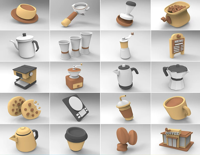 C4D FBX STL OBJ低面卡通咖啡杯咖啡机咖啡店咖啡豆水壶水杯模型-cg男孩