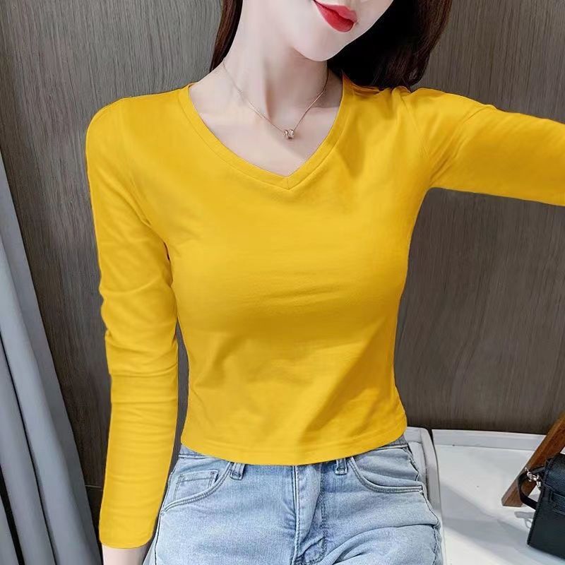 Pure Cotton Round Neck Long-Sleeve T-Shirt for Women, 2026 Autumn and Winter New Style, High-Waisted, Slim-Fitting, Solid Color V-Neck Short Top, Trendy Pure Cotton Round Neck Long-Sleeve T-Shirt for Women, 2026 Autumn and Winter New Style, High-Waisted, Slim-Fitting, Solid Color V-Neck Short Top, Trendy