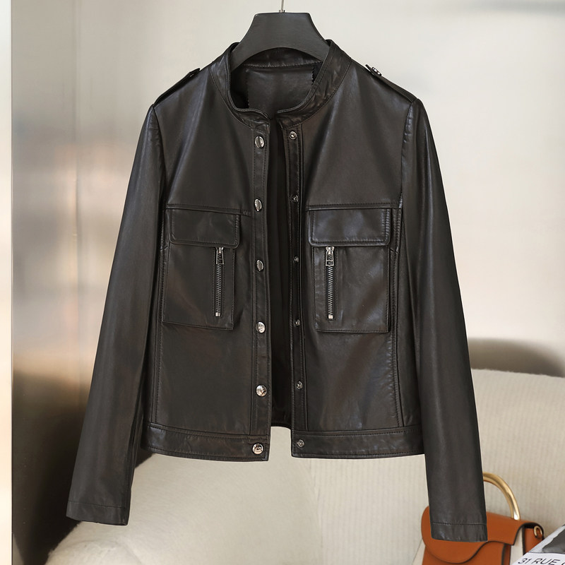 Handsome retro vintage collar genuine leather locomotive leather clothing female fashion short sashimi and semi-implanted tanning sheep leather jacket jacket autumn