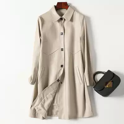 2019 autumn new fashion leather windbreaker women's sheepskin medium and long version slim Korean version square collar leather windbreaker jacket